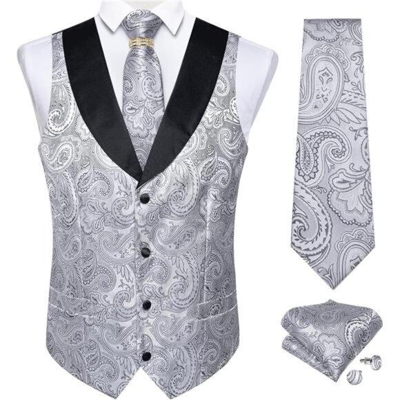 Mens Suit Vest Set, 5 PCS Tuxedo Waistcoat and Tie Pocket Square